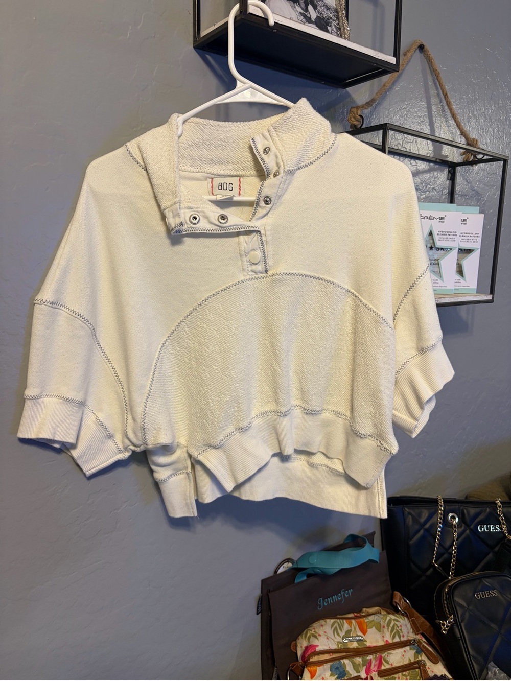 BDG Cream Cropped Snap-Neck Sweatshirt